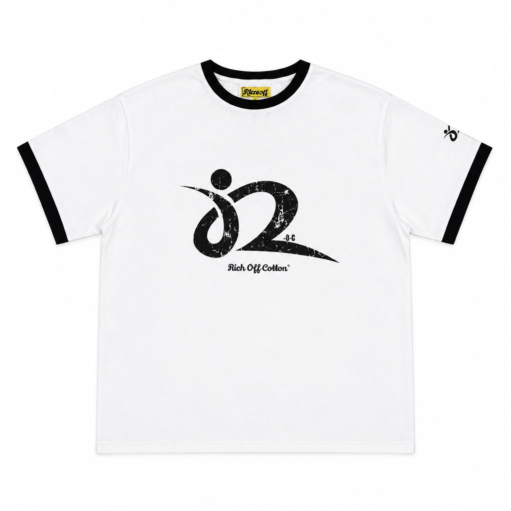 SkeeshEnt Rich Off Cotton ringer tee in white with black collar and sleeve trim, flat lay on white