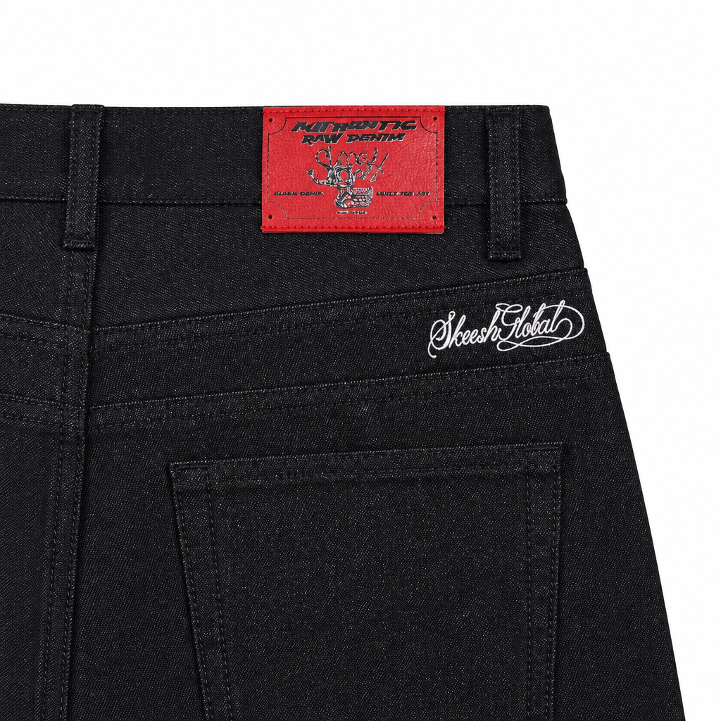 Jean No Fly Zone Denim black selvedge, back pocket and leather patch detail