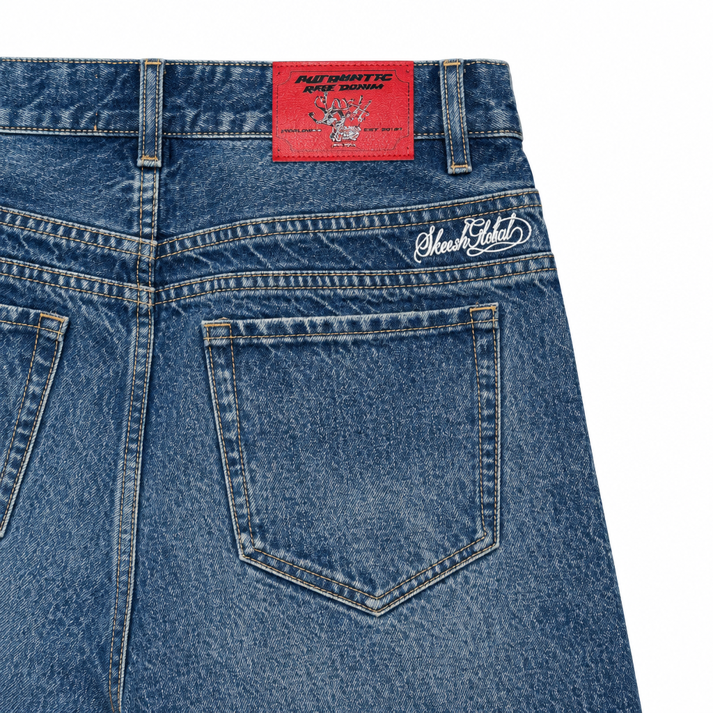 Jean No Fly Zone Denim blue, back pocket and leather patch detail