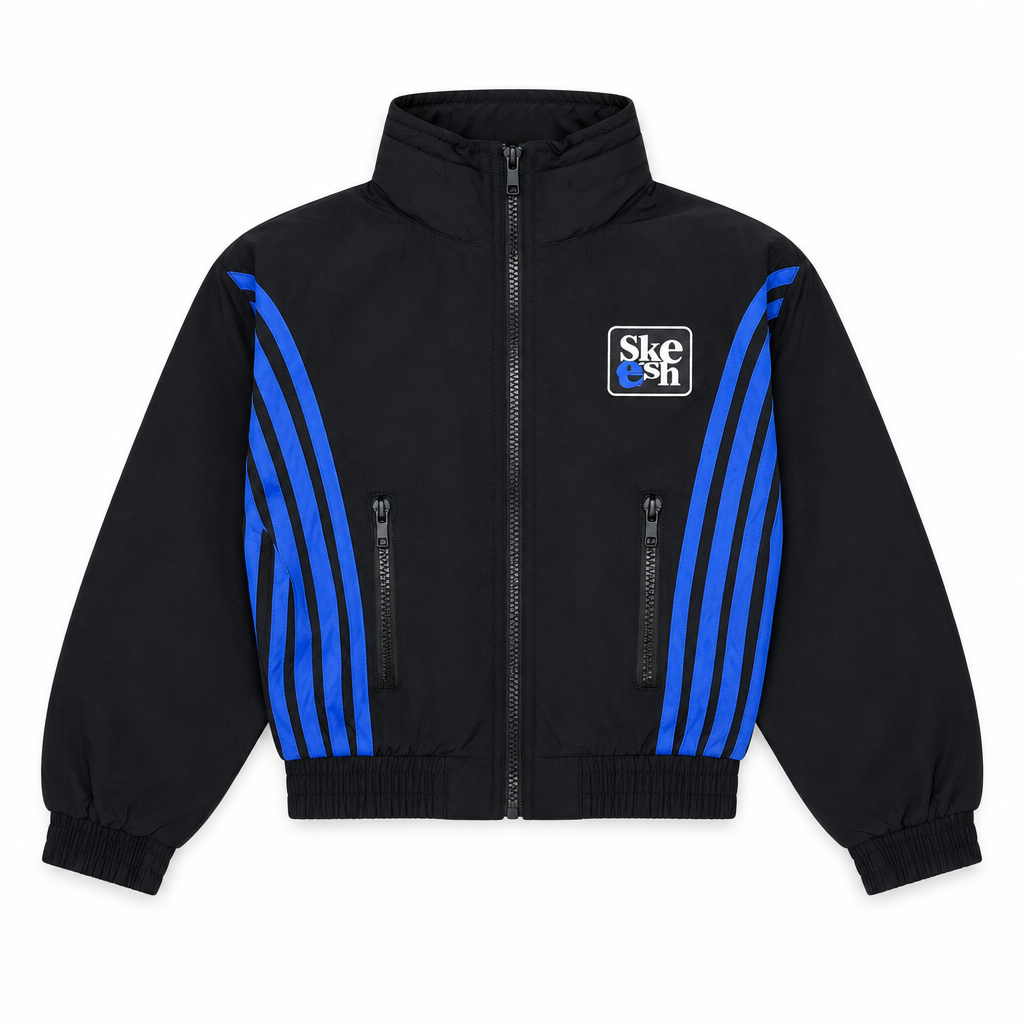 Skeesh V2 Skids Trackjacket in black with royal blue stripes, flat lay on white