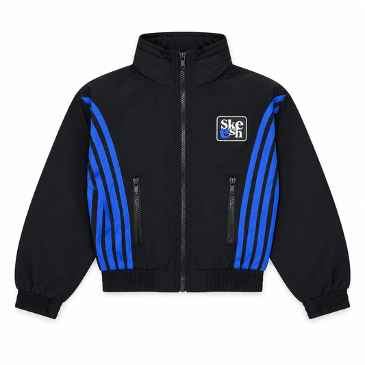 Skeesh V2 Skids Trackjacket in black with royal blue stripes, flat lay on white