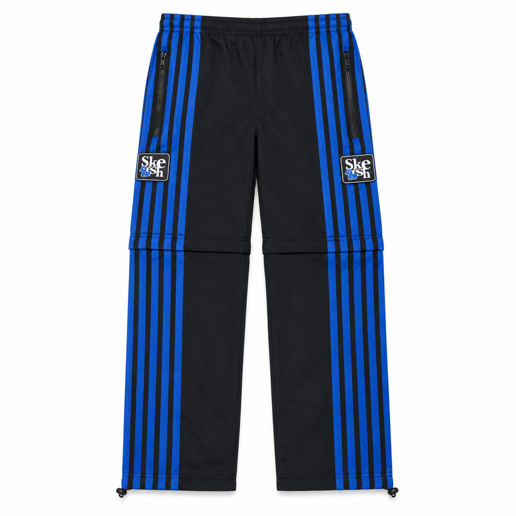 Skeesh V2 Skids Trackpants in black with royal blue stripes, flat lay on white