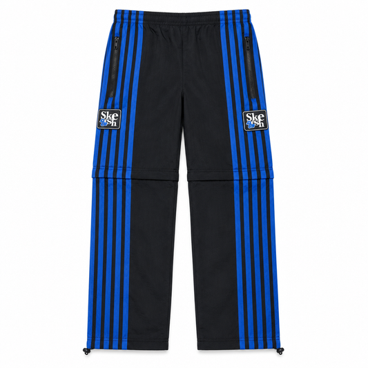 Skeesh V2 Skids Trackpants in black with royal blue stripes, flat lay on white