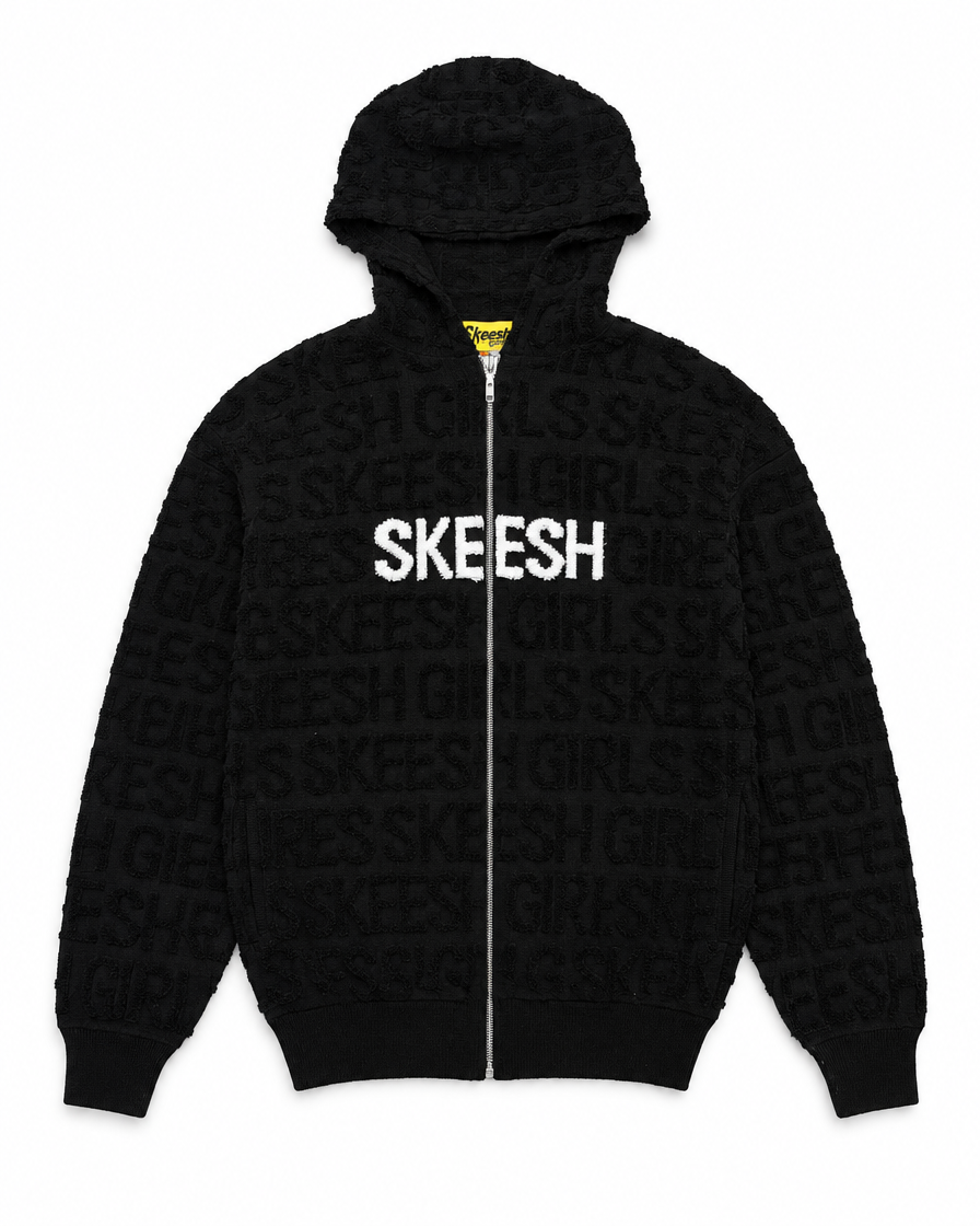 Skeesh Girls Unisex Slim Fit Hoodie black knit zip-up on white background