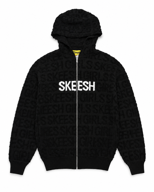 Skeesh Girls Unisex Slim Fit Hoodie black knit zip-up on white background