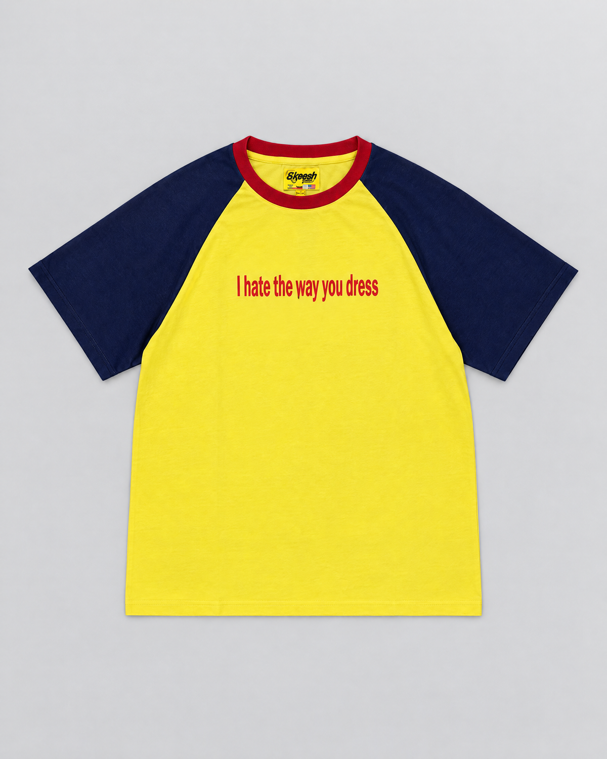 Skeesh HTWYD Tee - yellow raglan tee with navy sleeves