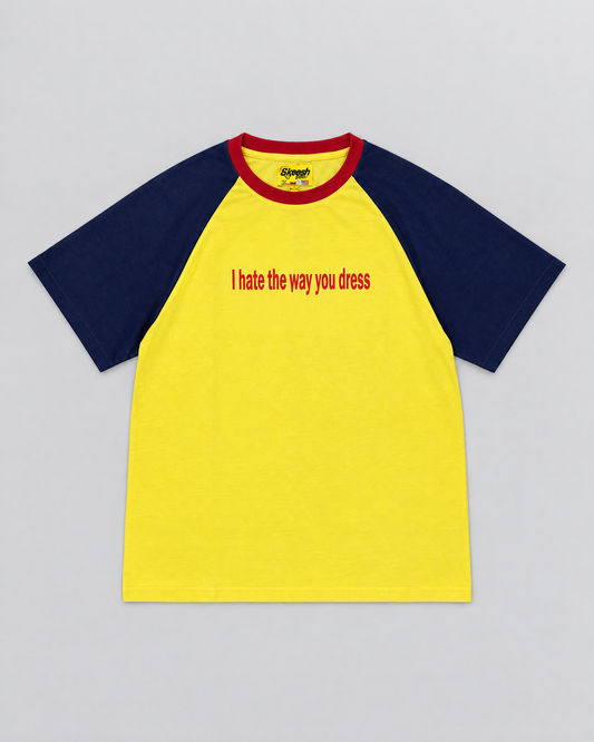 Skeesh HTWYD Tee - yellow raglan tee with navy sleeves