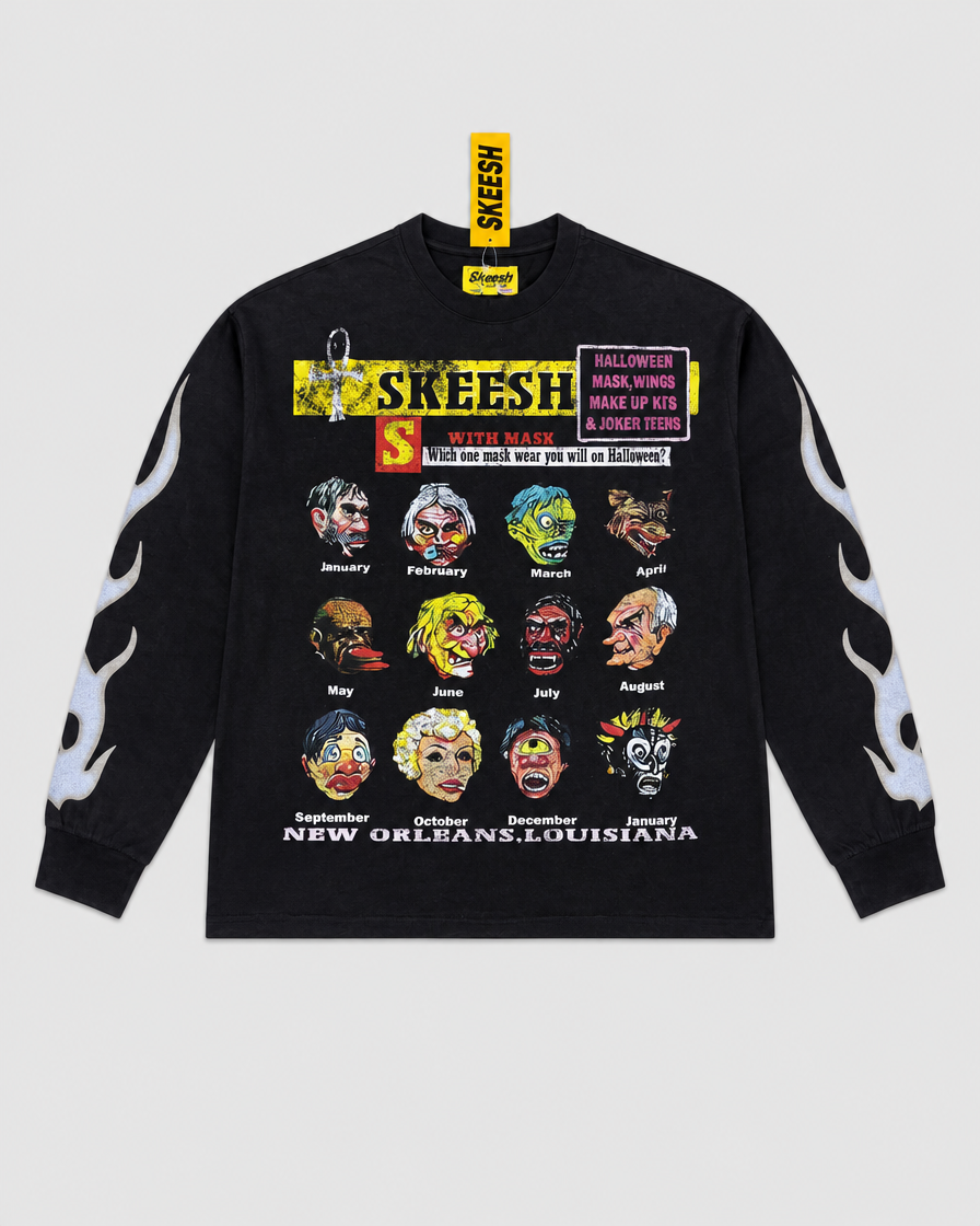 Skeesh Everyday Is Halloween Tee - black long sleeve with mask graphic and flame sleeves