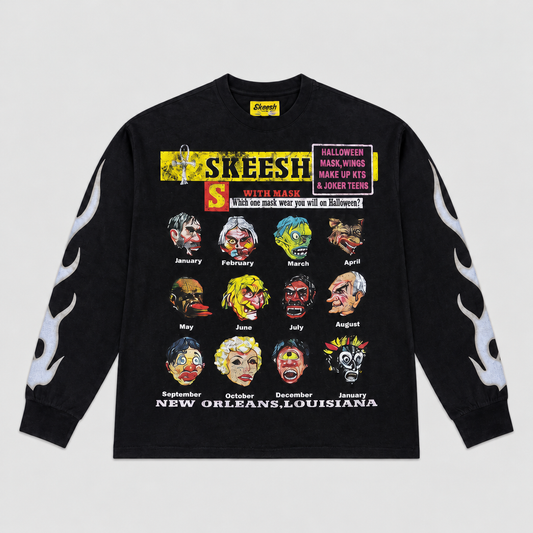 Skeesh Everyday Is Halloween Tee - black long sleeve with mask graphic and flame sleeves