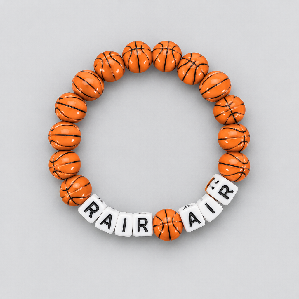 Skeesh ‘Rair Air’ Elementary Bracelet — orange basketball beads with RAIR AIR letter cubes