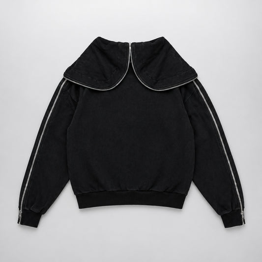 Skeesh Edward ZipperHand Hoodie back view with hood unzipped and folded down