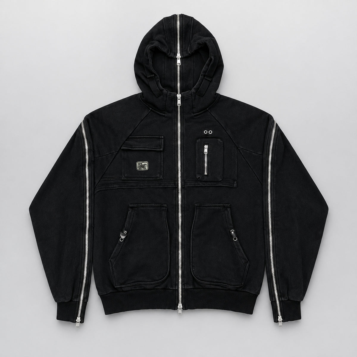 Skeesh Edward ZipperHand Hoodie in washed black, front view