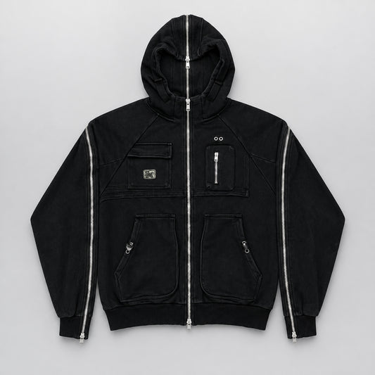 Skeesh Edward ZipperHand Hoodie in washed black, front view